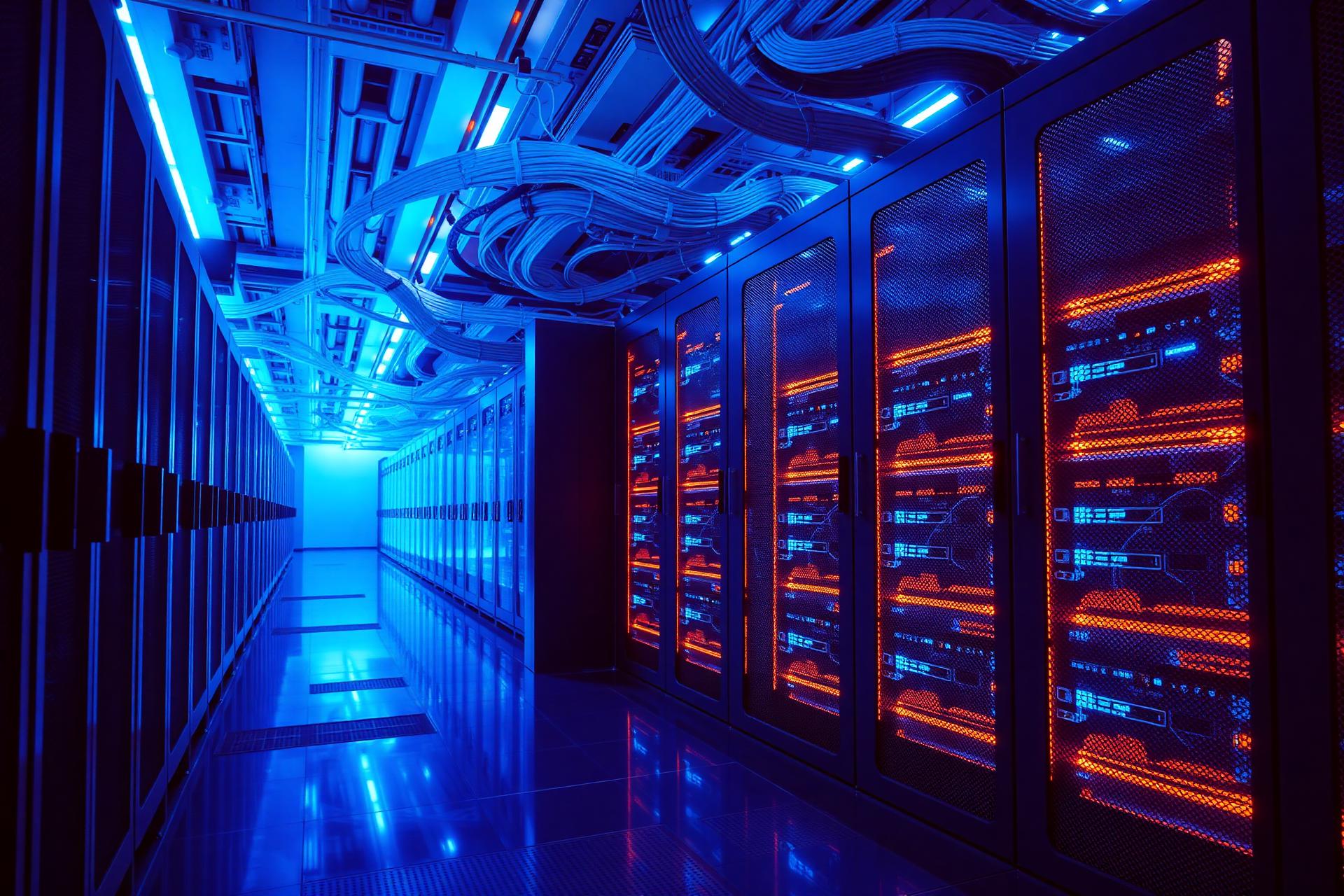 Modern data center corridor with illuminated server racks