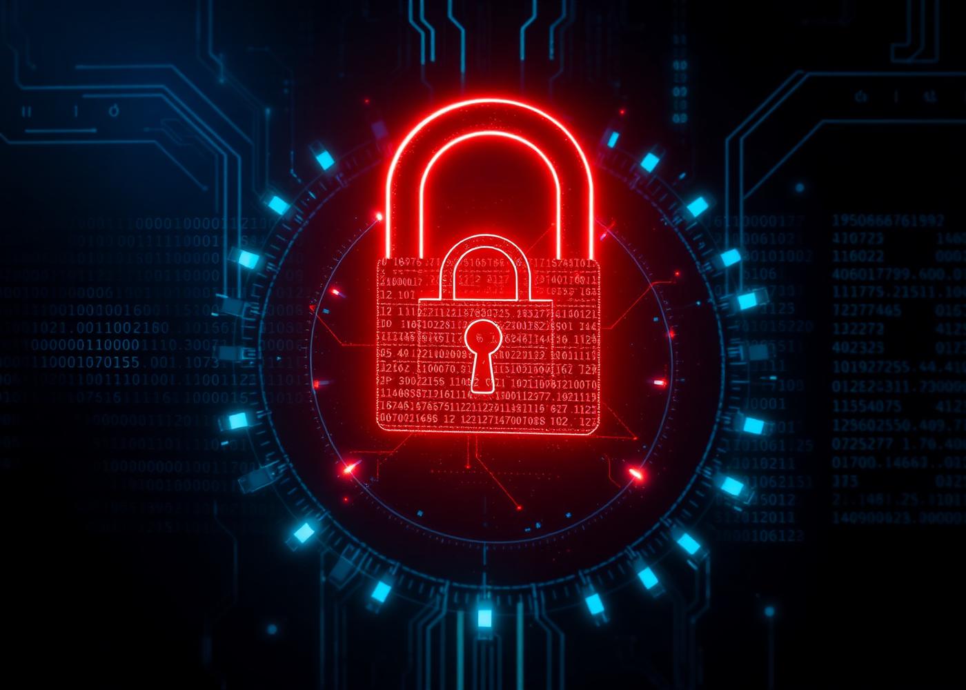 Cybersecurity padlock concept over circuit board