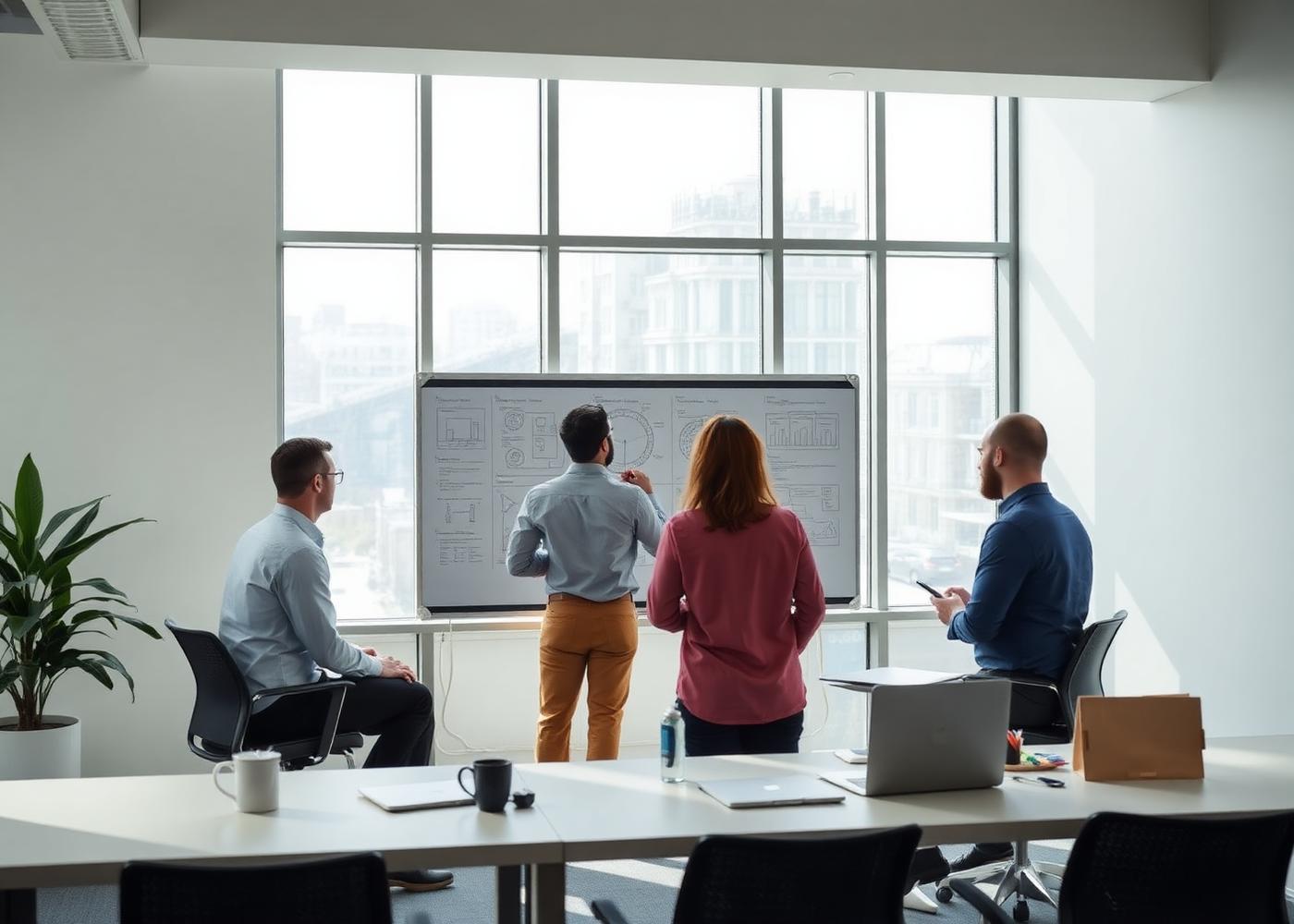 Engineers reviewing system diagrams on a whiteboard